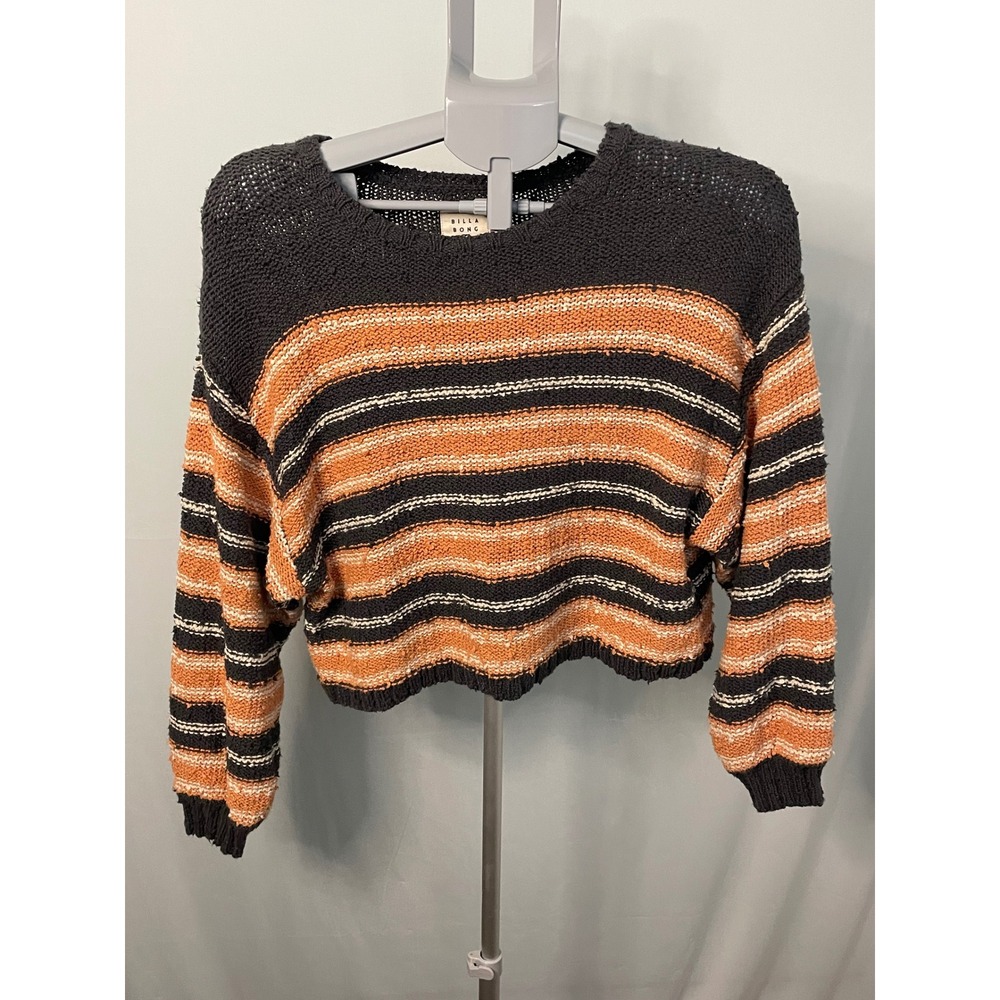 Billabong Womens Striped Cropped Sweater‎ Knit Crew Neck Orange Black Size M